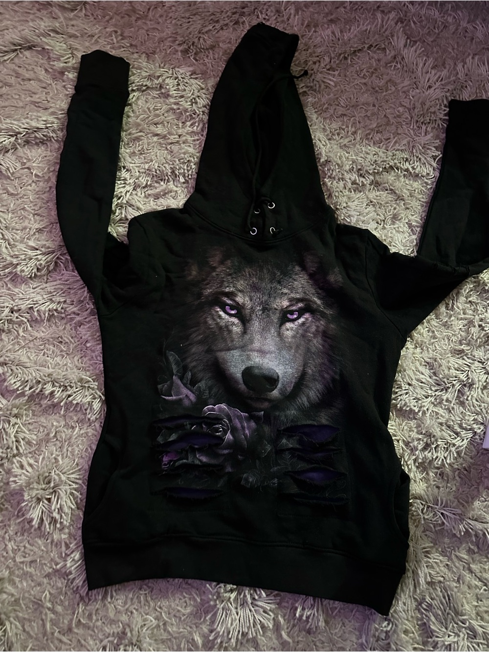 Women's Black Wolf Graphic Cowl Hoodie Sweater